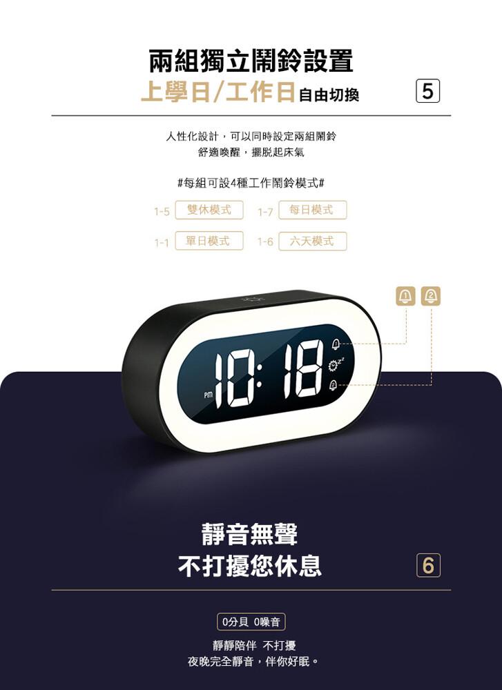 兩組獨立鬧鈴設置，上學日/工作日自由切換，人性化設計,可以同時設定兩組鬧鈴，舒適喚醒,擺脫起床氣，#每組可設4種工作鬧鈴模式#，雙模式，每日模式，單日模式，六天模式，靜音無聲，不打擾您休息，10分貝 0噪音，靜靜陪伴 不打擾，夜晚完全靜音,伴你好眠。