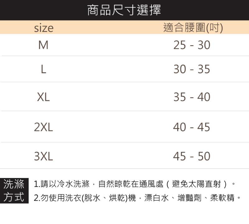 商品尺寸選擇,適合腰圍(吋),洗滌 1.請以冷水洗滌,自然晾乾在通風處(避免太陽直射 ),方式 2.勿使用洗衣(脫水、烘乾)機,漂白水、增豔劑、柔軟精。