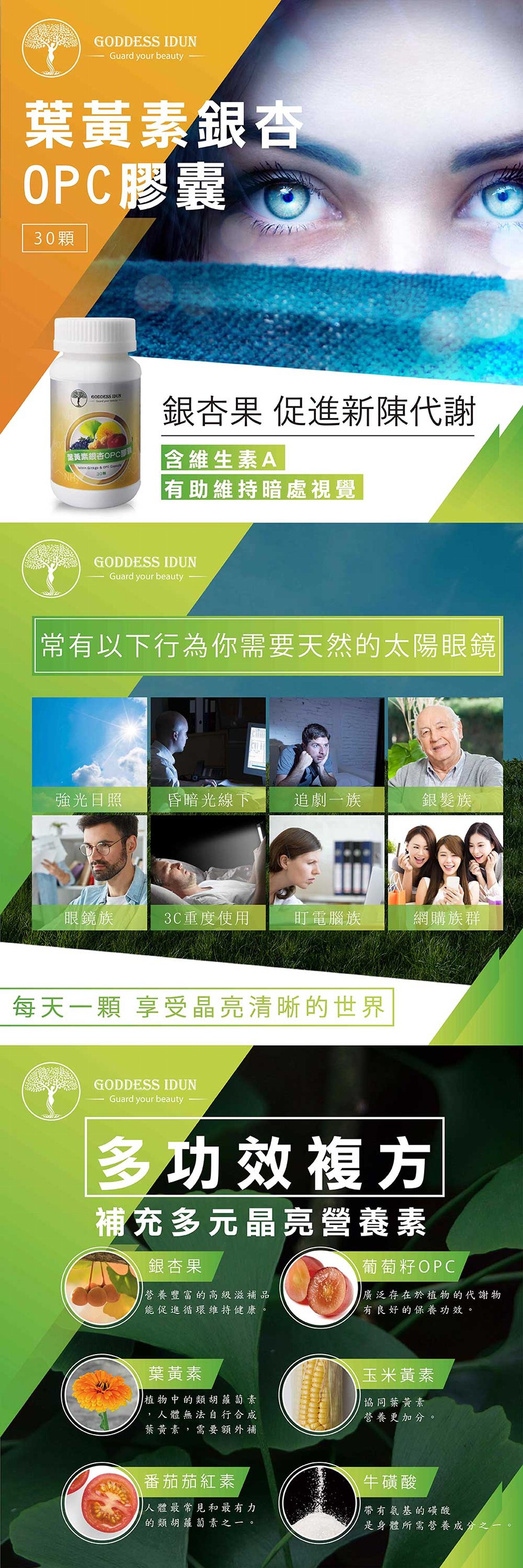 葉黃素銀杏,OPC膠囊。30顆,銀杏果促進新陳代謝,含維生素A,有助維持暗處視覺!驚黃素銀杏OPC。常有以下行為你需要天然的太陽眼鏡,強光日照,昏暗光線下,追劇一族,銀髮族,眼鏡族,3C重度使用,町電腦族,網購族群,每天一顆享受晶亮清晰的世界,多功效