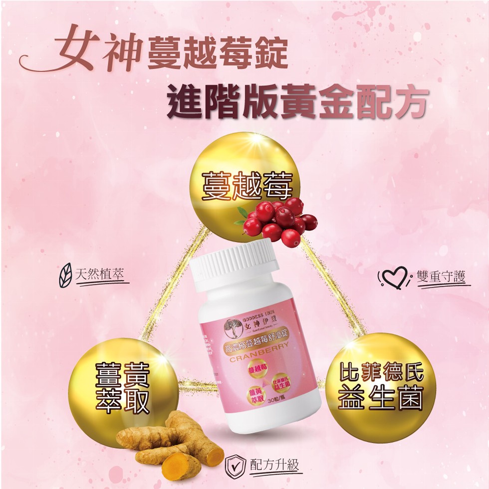 女神蔓越莓錠，進階版黃金配方，蔓越莓，天然植萃，雙重守護，女神伊登，高濃縮蔓越莓舒锭)，蔓越莓，比擔氏，益生菌，【萃取，(30粒/瓶，比菲德氏，益生菌，1配方升級。