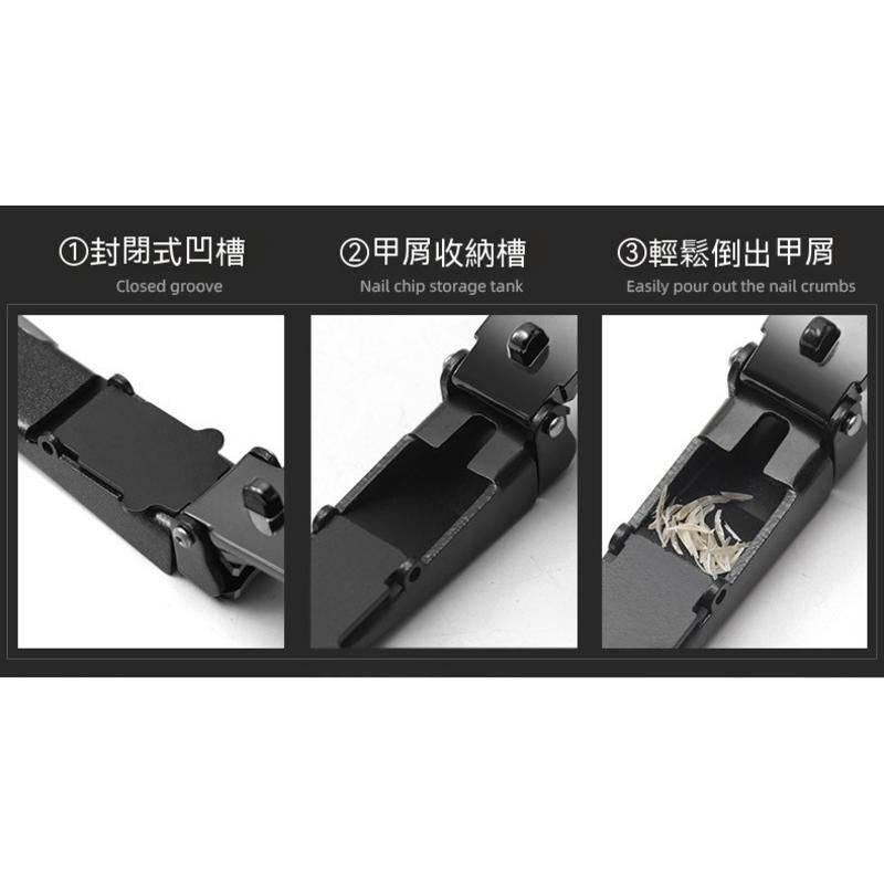 ①封閉式凹槽，②甲屑收納槽，③輕鬆倒出甲屑。