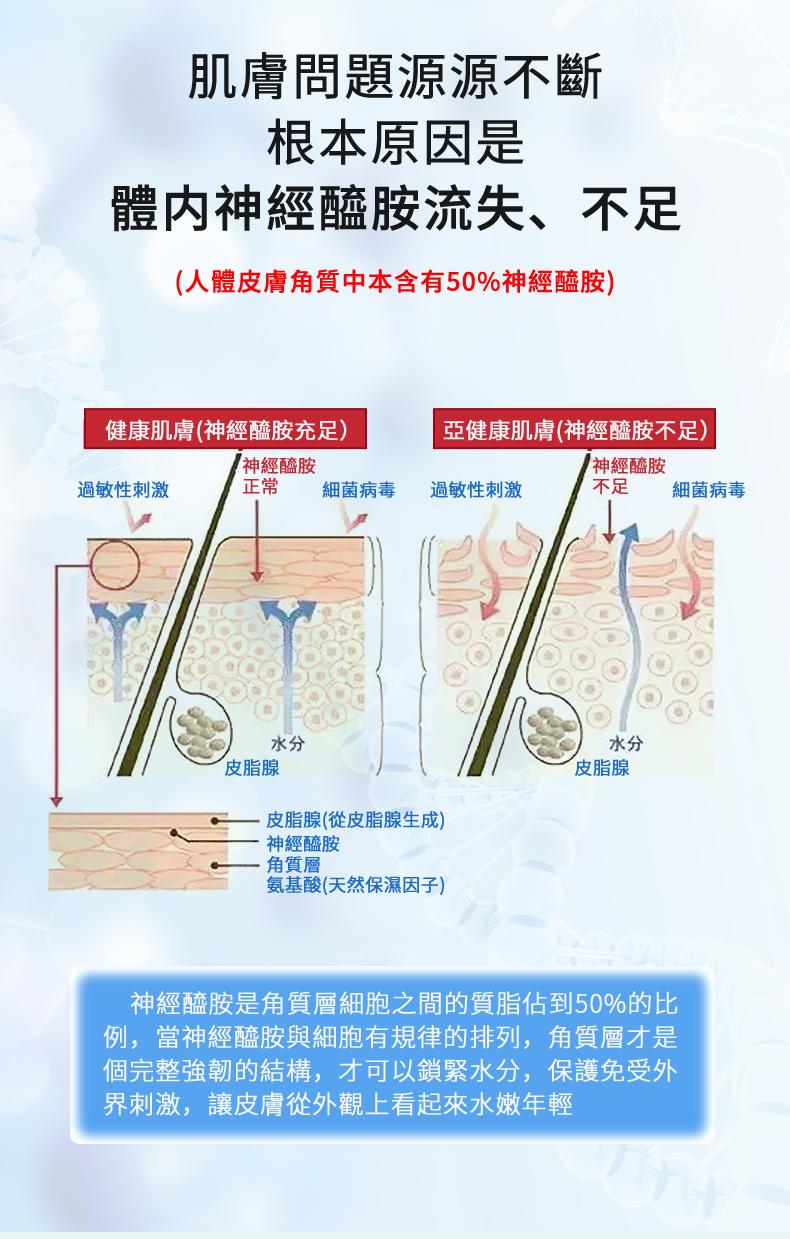 肌膚問題源源不斷，根本原因是，體内神經醯胺流失、不足，(人體皮膚角質中本含有50%神經醯胺)，健康肌膚(神經醯胺充足)，亞健康肌膚(神經醯胺不足)，【神經醯胺，過敏性刺激，細菌病毒，過敏性刺激，【神經醯胺，細菌病毒，皮脂腺，皮脂腺(從皮脂腺生成)，神