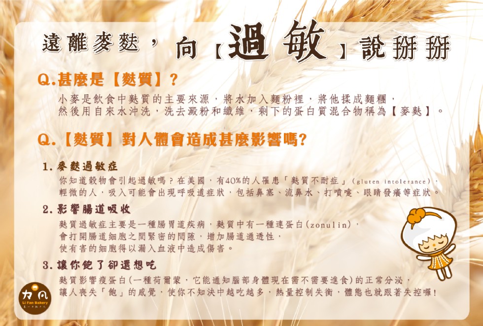 達離麥麩,向[過 敏;說辦掰,Q.甚麼是【麩實】 ?小麥是飲食中麩質的主要來源,將水加入麵粉裡,將他揉成麵糰,然後用自來水沖洗,洗去澱粉和纖維,剩下的蛋白質混合物稱為【麥麩】。Q. 【麩質】對人體會造成甚麼影響嗎?1. 麥麩過敏症,你知道穀物會引起過
