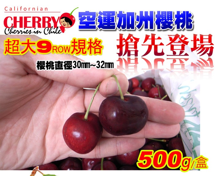 CHERRY空連加州櫻桃，超大9規格搶先登場，櫻桃直徑30mm~32mm。