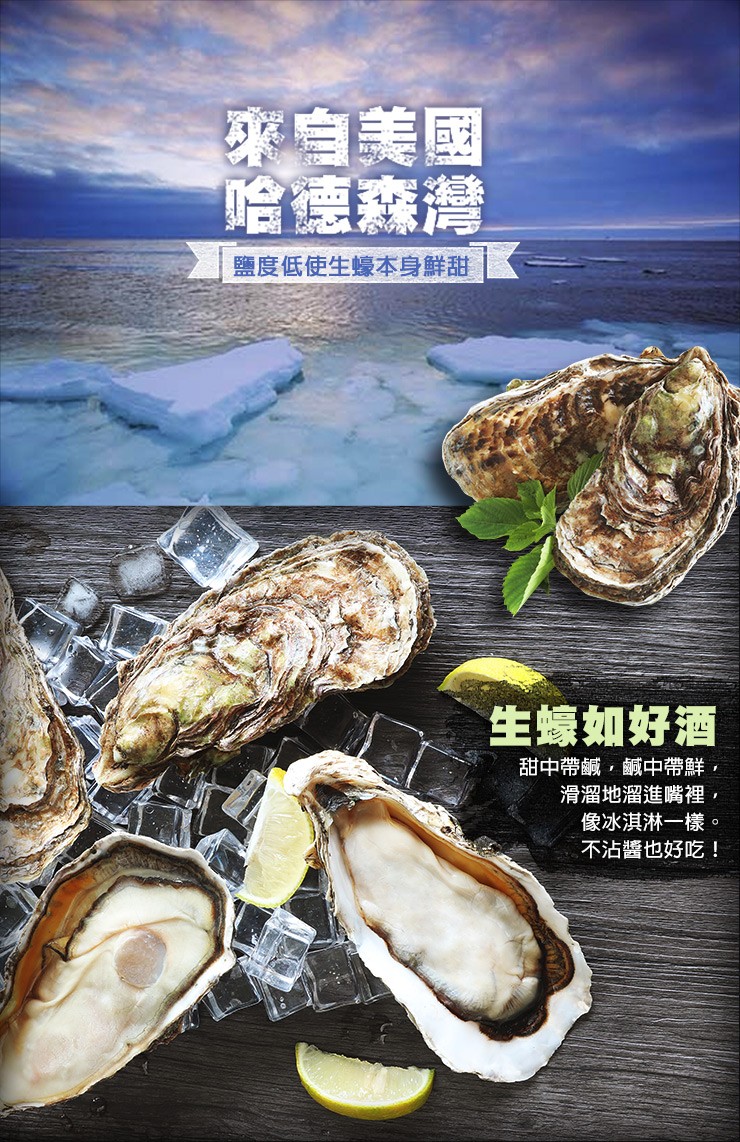 來自美國，哈德森灣，鹽度低使生蠔本身鮮甜，生蠔如好酒，甜中帶鹹,鹹中帶鮮,滑溜地溜進嘴裡,像冰淇淋一樣。不沾醬也好吃!。