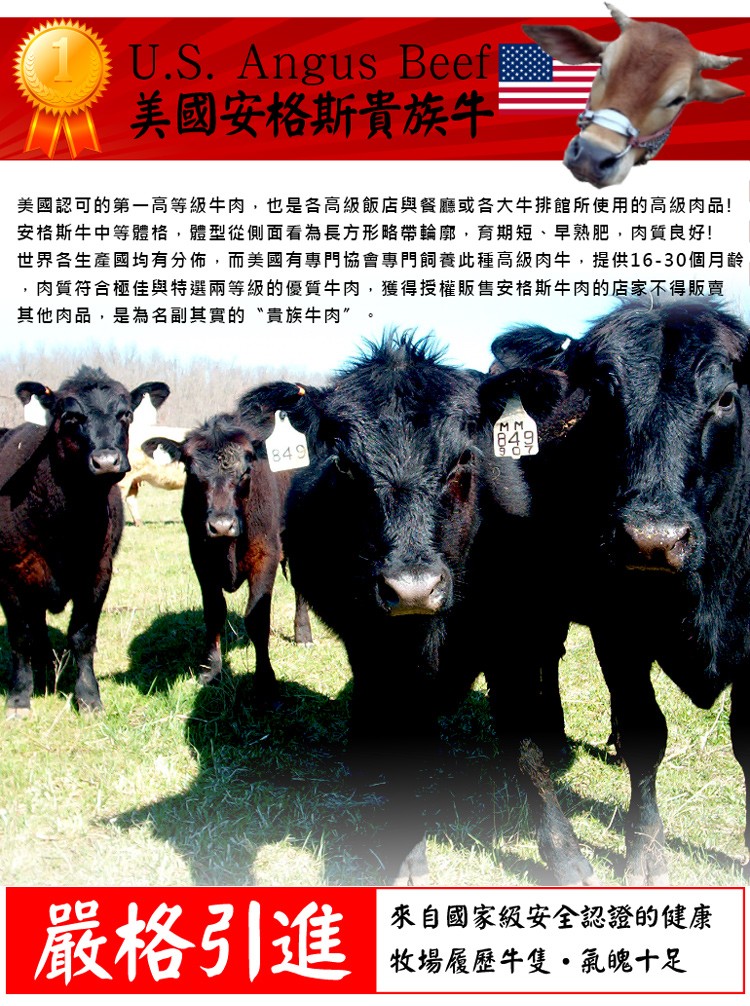美國安格斯貴族牛，美國認可的第一高等級牛肉,也是各高級飯店與餐廳或各大牛排館所使用的高級肉品!安格斯牛中等體格,體型從側面看為長方形略帶輪廓,育期短、早熟肥,肉質良好!世界各生產國均有分佈,而美國有專門協會專門飼養此種高級肉牛,提供16-30個月齡，
