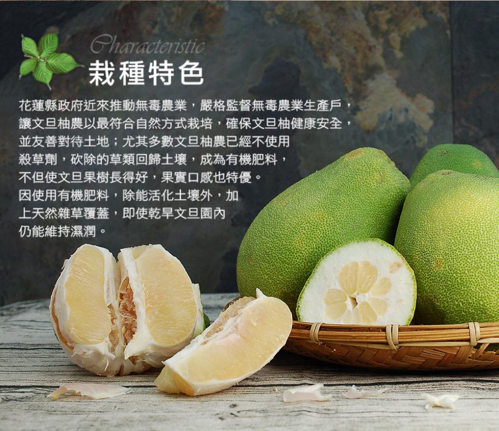 栽種特色，花蓮縣政府近來推動無毒農業,嚴格監督無毒農業生產戶,讓文旦柚農以最符合自然方式栽培,確保文旦柚健康安全,並友善對待土地;尤其多數文旦柚農已經不使用，殺草劑,砍除的草類回歸土壤,成為有機肥料,不但使文旦果樹長得好,果實口感也特優。因使用有機肥