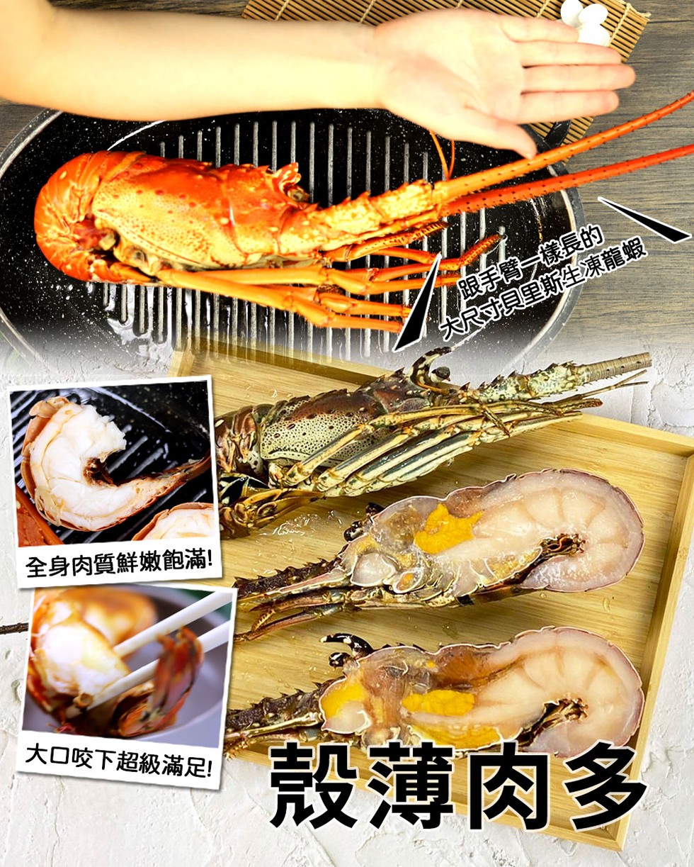 全身肉質鮮嫩飽滿!大口咬下超級滿足!歡跟手臂一樣長的，大尺寸貝里斯生凍龍蝦，殼薄肉多。