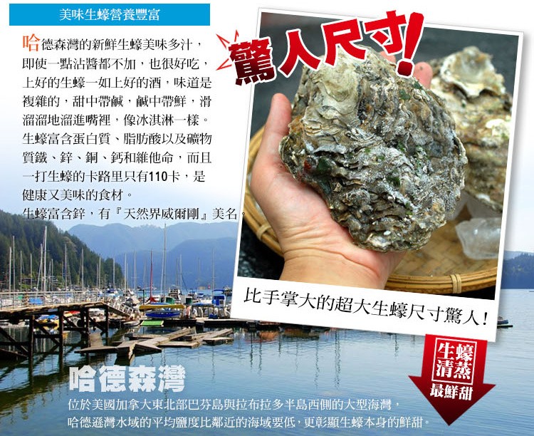 美味生蠔營養豐富，哈德森灣的新鮮生蠔美味多汁,即使一點沾醬都不加,也很好吃,上好的生蠔一如上好的酒,味道是，複雜的,甜中帶鹹,鹹中帶鮮,滑，溜溜地溜進嘴裡,像冰淇淋一樣。生蠔富含蛋白質、脂肪酸以及礦物，質鐵、鋅、銅、鈣和維他命,而且，一打生蠔的卡路里