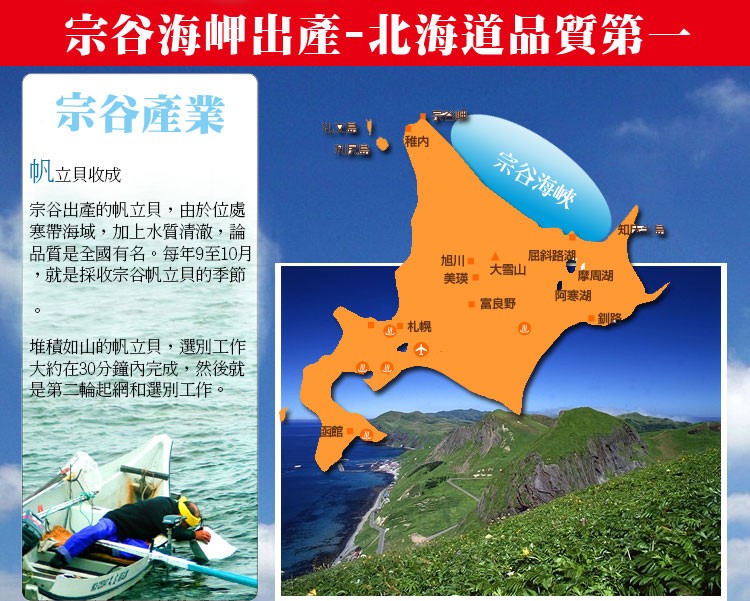 宗谷海岬出產-北海道品質第一，宗谷產業，帆立貝收成，宗谷出產的帆立貝,由於位處，寒帶海域,加上水質清澈,論，品質是全國有名。每年9至10月，就是採收宗谷帆立貝的季節，堆積如山的帆立貝,選別工作，大約在30分鐘內完成,然後就，是第二輪起網和選別工作。宗