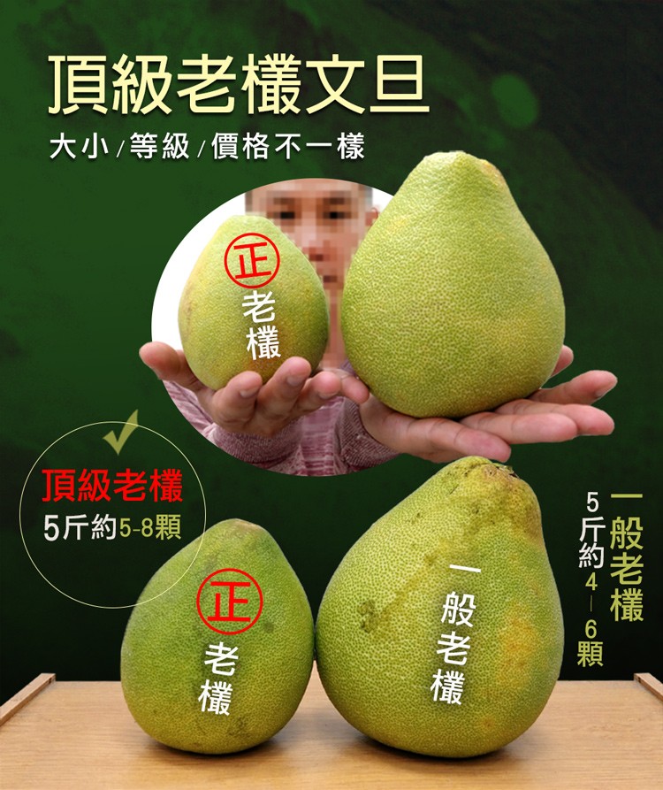 頂級老欉文旦，大小/等級/價格不一樣，頂級老欉，5斤約5-8顆，(正老欉，一般老欉，5斤約4，一般老欉。