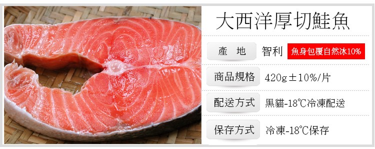 大西洋厚切鮭魚，智利 魚身包覆自然冰10%，商品規格 420g±10%/片，配送方式 黑貓-18℃冷凍配送，保存方式 冷凍-18℃保存。