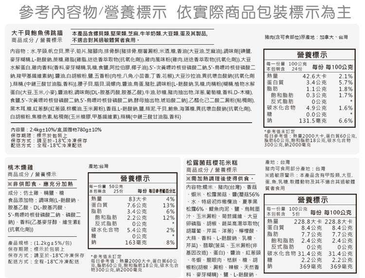 參考內容物/營養標示 依實際商品包裝標示為主，大干貝鮑魚佛跳牆 本產品含螺貝類.堅果類.芝麻.牛羊奶類.大豆類.蛋及其製品,商品成分/營養標示 不適合對其過敏體質者食用。內容物:水,芋頭,帆立貝,栗子,筍片,豬腳肉、排骨酥(豬排骨.樹薯澱粉.米酒.糖