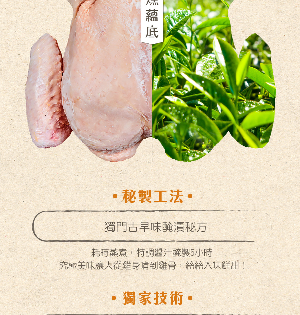 焦蘊底，秘製工法・，獨門古早味醃漬秘方，耗時蒸煮,特調醬汁醃製5小時，究極美味讓人從雞身啃到雞骨,絲絲入味鮮甜!獨家技術•。