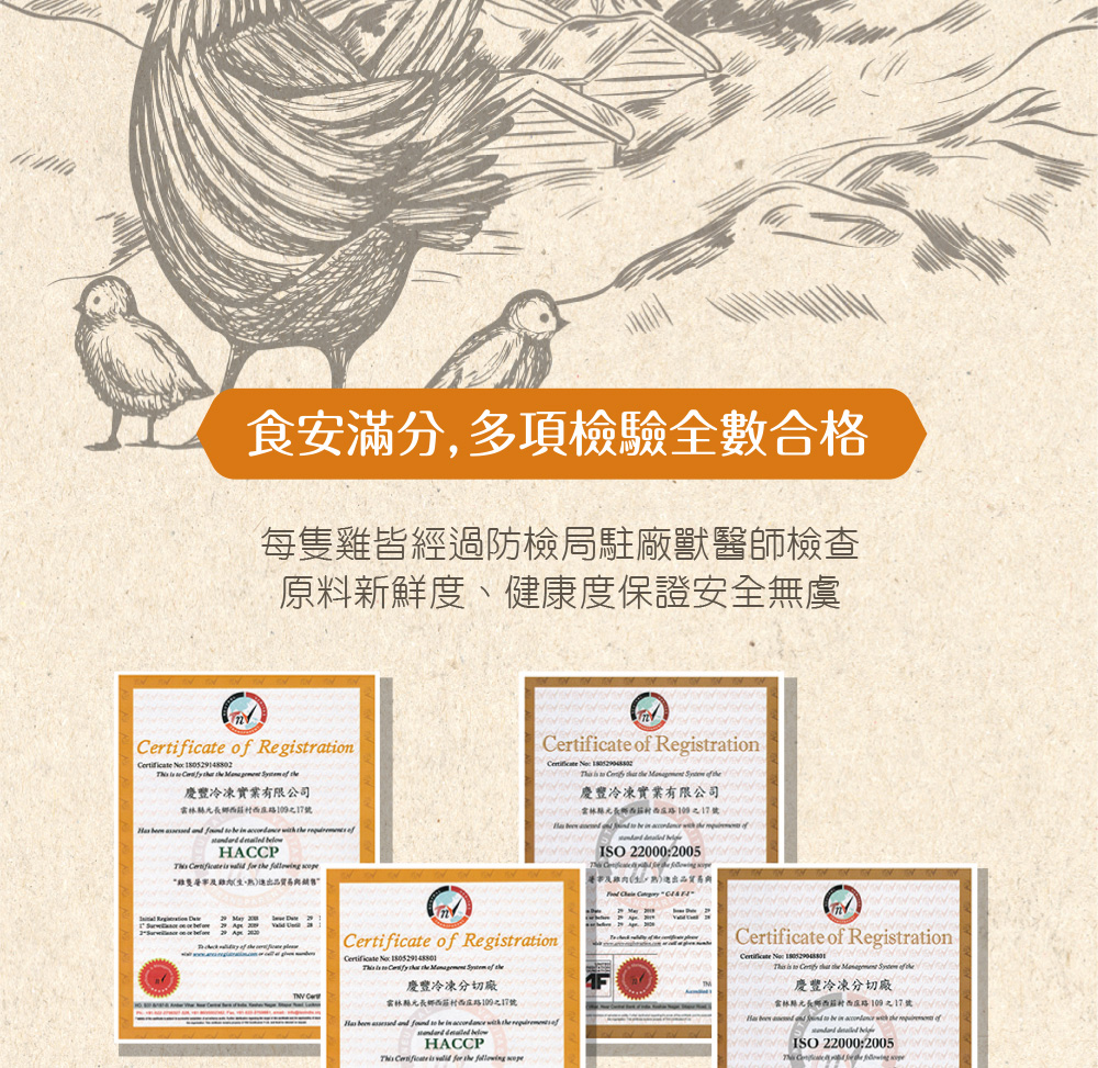 食安滿分,多項檢驗全數合格,每隻雞皆經過防檢局駐廠獸醫師檢查,原料新鮮度、健康度保證安全無虞,慶豐冷凍實業有限公司,雲林縣元長鄉西莊村西庄路109之17號,雞隻屠军及雞城生熟)進出品贸易與銷售,慶豐冷凍分切廠,雲林縣元長鄉西莊村西庄路109之17號,