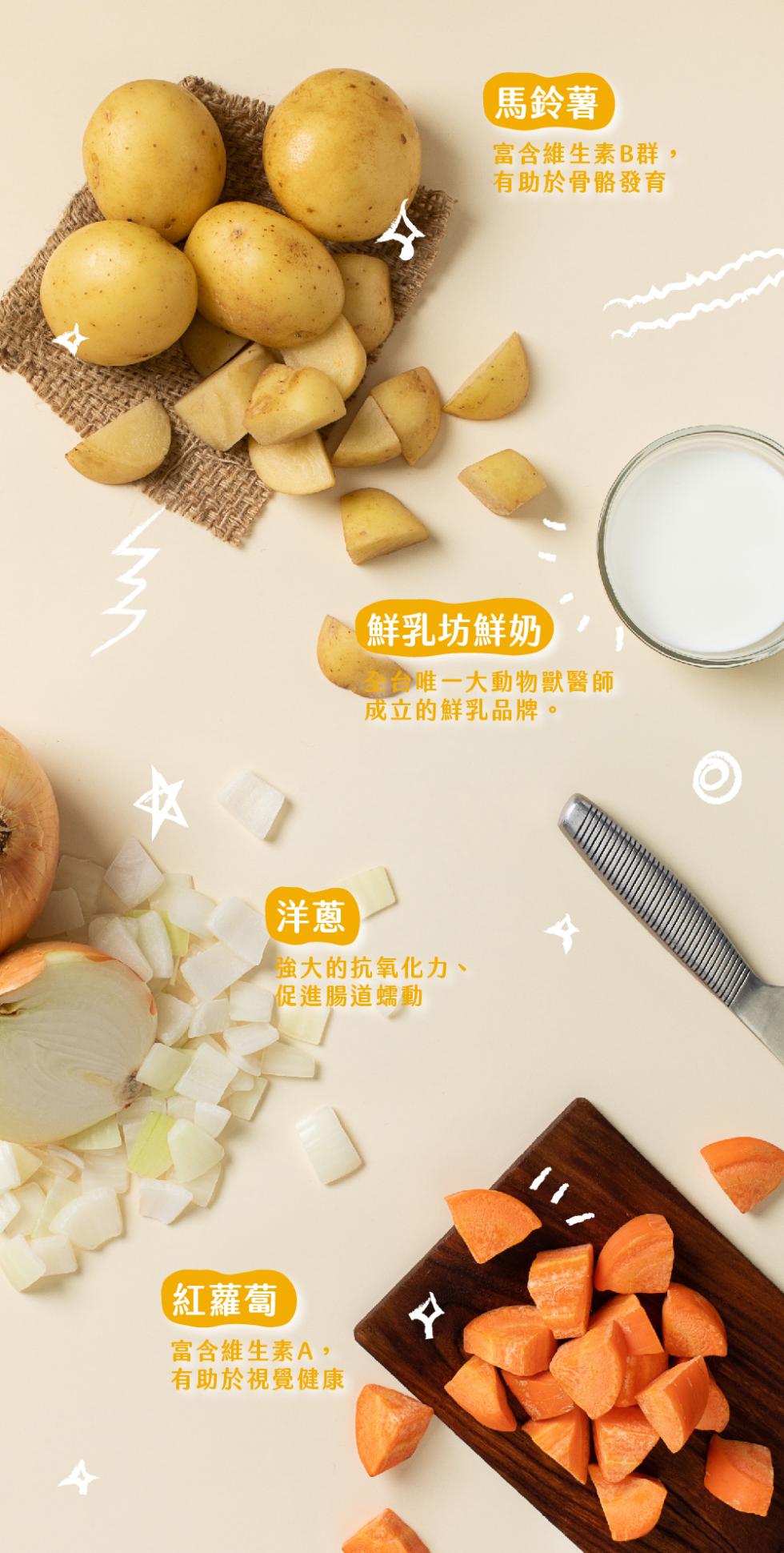 強大的抗氧化力、促進腸道蠕動，紅蘿蔔，富含維生素A,有助於視覺健康，馬鈴薯，富含維生素B群,有助於骨骼發育，鮮乳坊鮮奶，唯一大動物獸醫師，成立的鮮乳品牌。