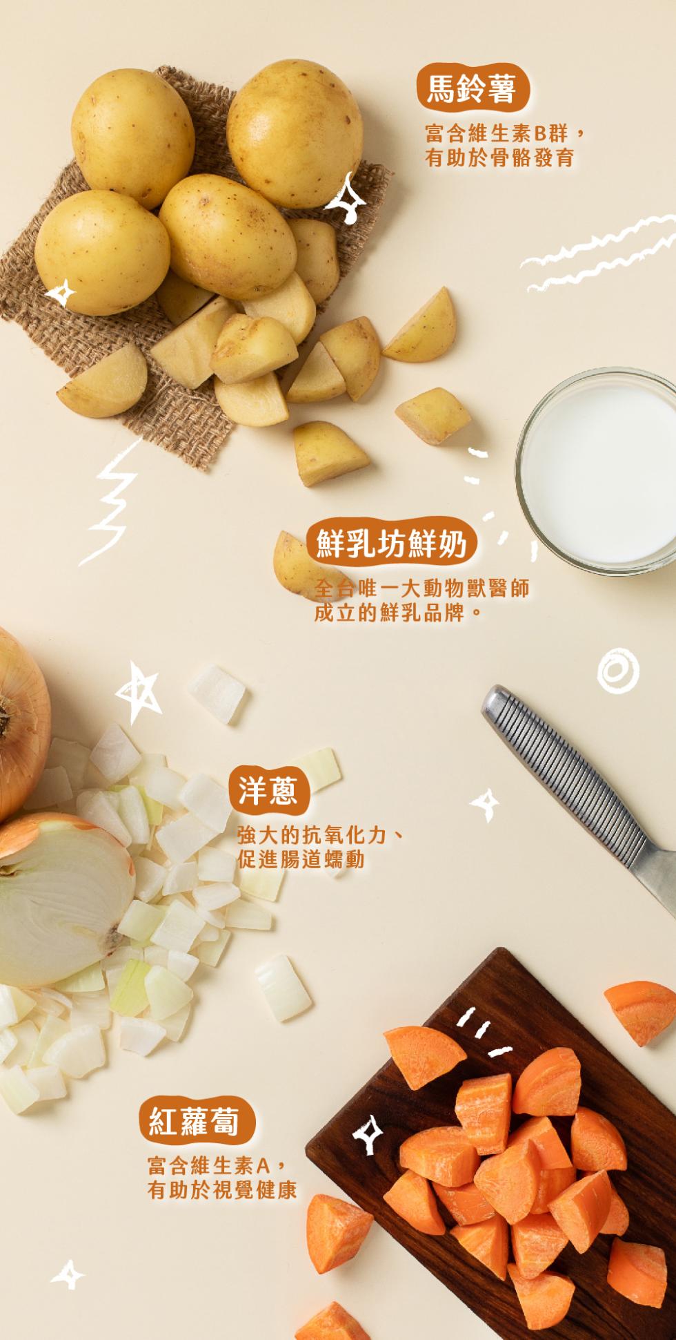 強大的抗氧化力、促進腸道蠕動，紅蘿蔔，富含維生素A,有助於視覺健康，馬鈴薯，富含維生素B群,有助於骨骼發育，鮮乳坊鮮奶，全台唯一大動物獸醫師，成立的鮮乳品牌。