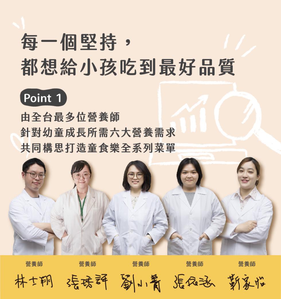每一個堅持,都想給小孩吃到最好品質，由全台最多位營養師，針對幼童成長所需六大營養需求，共同構思打造童食樂全系列菜單，營養師，營養師，營養師，營養師，營養師，林士翔 張琇群劉小菁張依涵靳家怡。