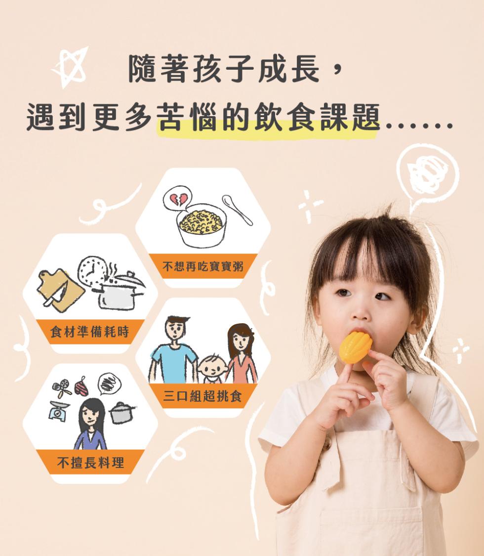 隨著孩子成長,遇到更多苦惱的飲食課題..食材準備耗時，不擅長料理，不想再吃寶寶粥，三口組超挑食。