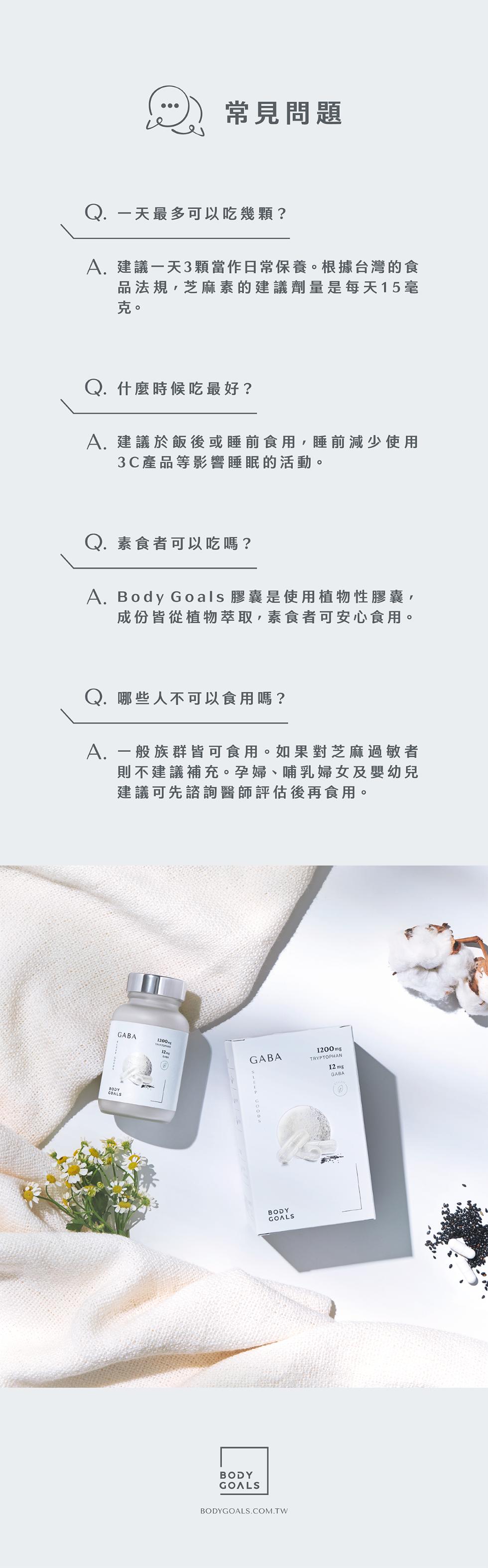常見問題，Q. 一天最多可以吃幾顆?A. 建議一天3顆當作日常保養。根據台灣的食，品法規,芝麻素的建議劑量是每天15毫，Q. 什麼時候吃最好?A. 建議於飯後或睡前食用,睡前減少使用，3C產品等影響睡眠的活動。Q. 素食者可以吃嗎?A. Body G
