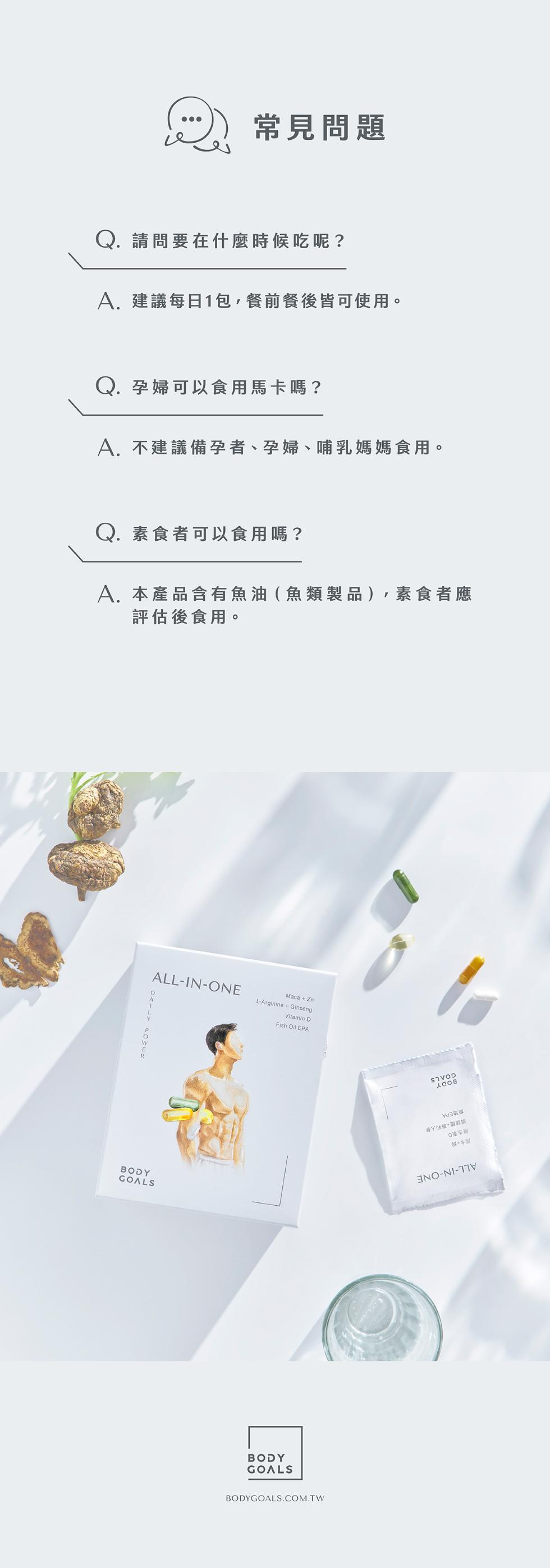 常見問題，Q. 請問要在什麼時候吃呢?A.建議每日1包,餐前餐後皆可使用。Q. 孕婦可以食用馬卡嗎?A. 不建議備孕者、孕婦、哺乳媽媽食用。Q. 素食者可以食用嗎?A. 本產品含有魚油(魚類製品),素食者應，評估後食用。含含爐+。