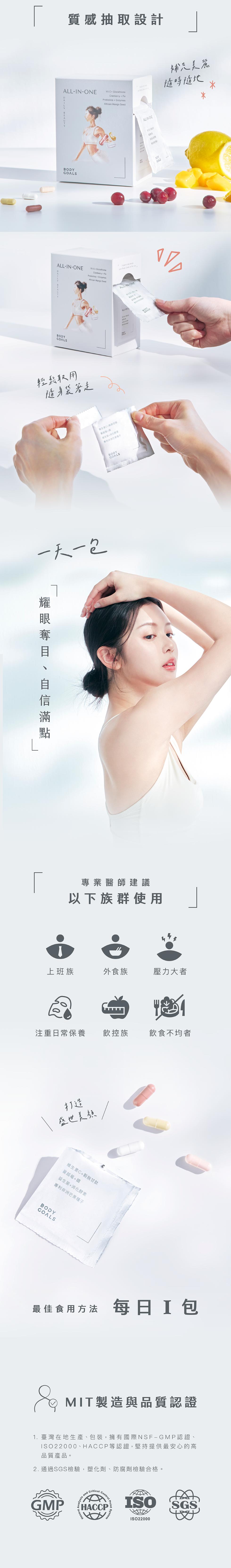 質感抽取設計，輕鬆取用，隨身袋著走，模生素C+榖胱甘肽，•蔓越莓+路，益生菌+消化酵素:專利非洲芒果種子，一天一包，耀眼奪，自信滿點，專業醫師建議，以下族群使用，補充美麗，隨時隨地，上班族，外食族，壓力大者，注重日常保養，飲控族，飲食不均者，盛世美顏