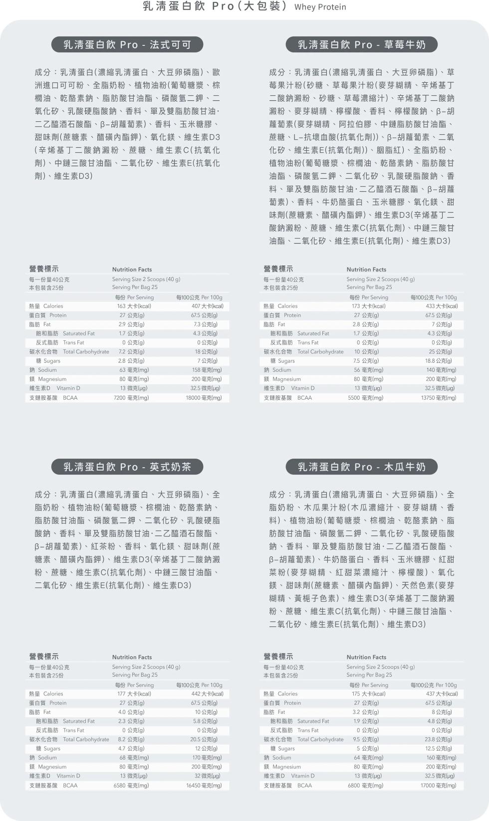 乳清蛋白飲 Pro(大包裝) Whey Protein，乳清蛋白飲 Pro - 法式可可，乳清蛋白飲 Pro - 草莓牛奶，成分:乳清蛋白(濃縮乳清蛋白、大豆卵磷脂)、歐，洲進口可可粉、全脂奶粉、植物油粉(葡萄糖漿、棕，櫚油、乾酪素鈉、脂肪酸甘油酯、