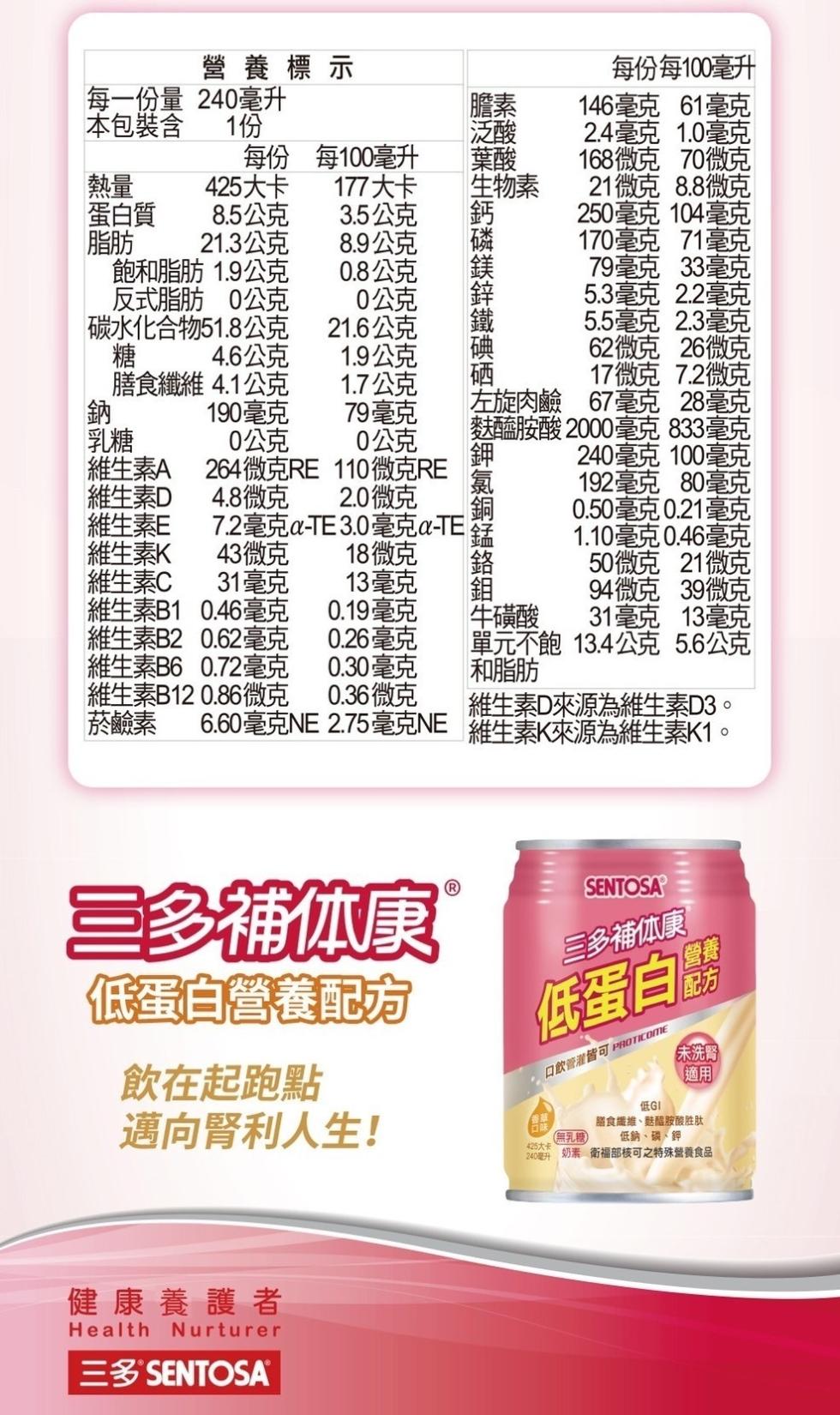 營養標示，每份每100毫升，每一份量240毫升，本包裝含，每100毫升，425大卡，177大卡，蛋白質，8.5公克，3.5公克，21.3公克，8.9公克，飽和脂肪 1.9公克，0.8公克，反式脂肪0公克，0公克，碳水化合物51.8公克，21.6公克，
