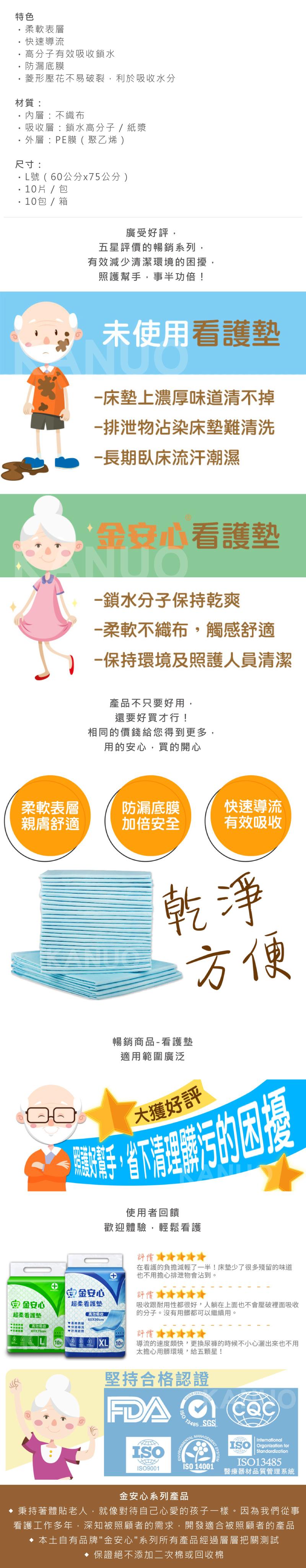 柔軟表層,快速導流,高分子有效吸收鎖水,防漏底膜,菱形壓花不易破裂,利於吸收水分,材質:內層:不織布,吸收層:鎖水高分子 / 紙漿,外層:PE膜(聚乙烯 ),尺寸:L號(60公分x75公分),10片/包,10包/箱,廣受好評,五星評價的暢銷系列,有效