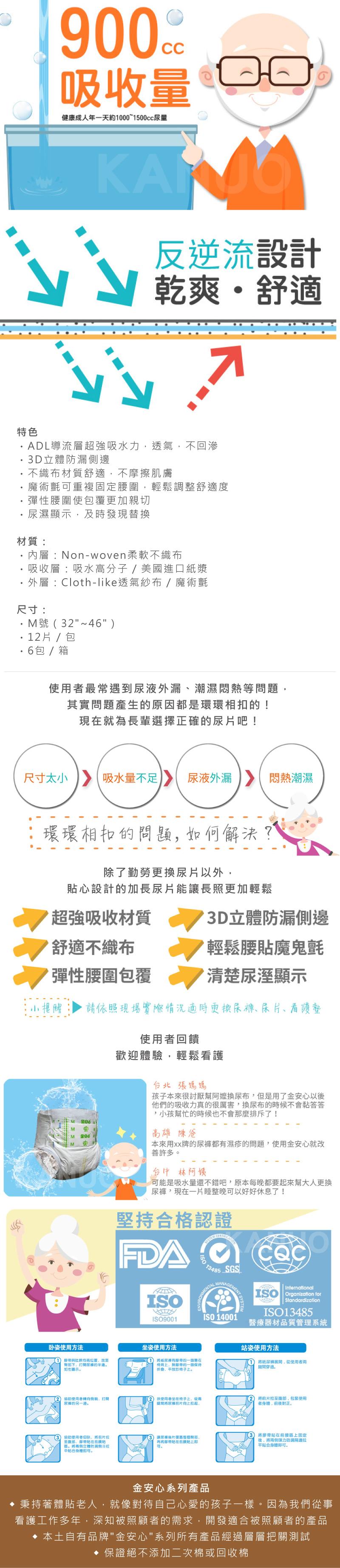 吸收量，健康成人一天約1000~1500cc尿量，反逆流設計，乾爽·舒適，・ADL導流層超強吸水力,透氣,不回滲，3D立體防漏側邊，不織布材質舒適,不摩擦肌膚，魔術氈可重複固定腰圍,輕鬆調整舒適度，彈性腰圍使包覆更加親切，尿濕顯示,及時發現替換，材質