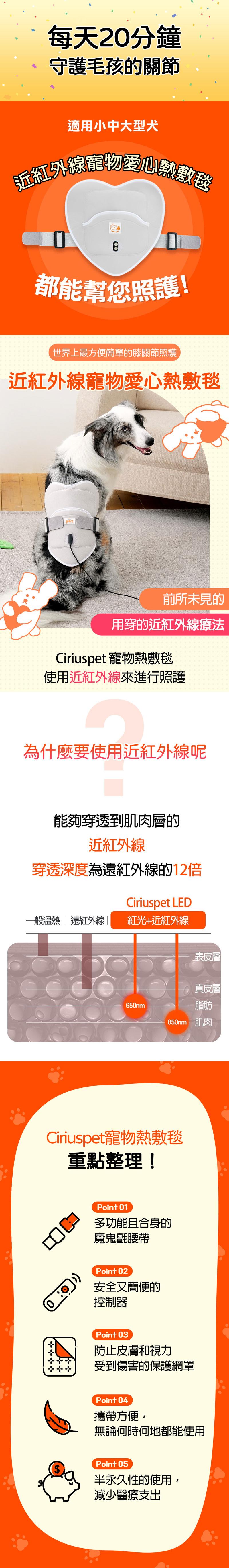 每天20分鐘，守護毛孩的關節，適用小中大型犬，近紅外線寵物愛心熱敷毯，都能幫您照護!世界上最方便簡單的膝關節照護，近紅外線寵物愛心熱敷毯，前所未見的，用穿的近紅外線療法，Ciriuspet 寵物熱敷毯，使用近紅外線來進行照護，為什麼要使用近紅外線呢，