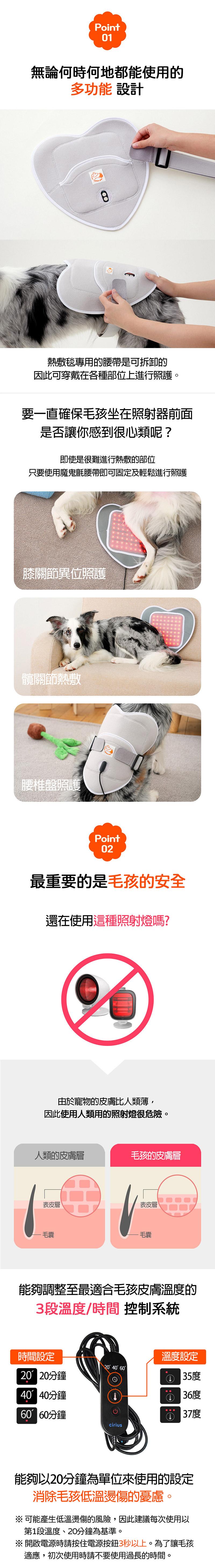 無論何時何地都能使用的，多功能 設計，熱敷毯專用的腰帶是可拆卸的，因此可穿戴在各種部位上進行照護。要一直確保毛孩坐在照射器前面，是否讓你感到很心類呢?即使是很難進行熱敷的部位，只要使用魔鬼氈腰帶即可固定及輕鬆進行照護，膝關節異位照護，髖關節熱敷，腰椎