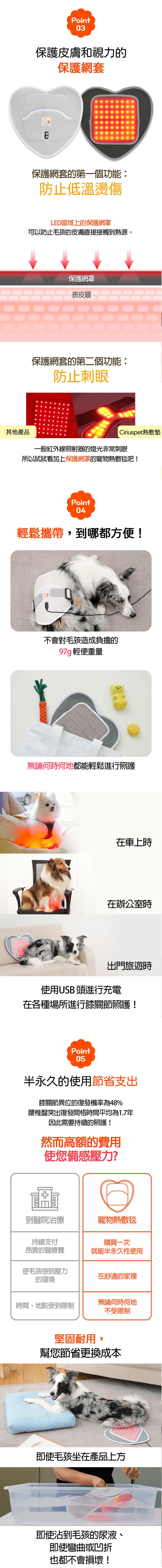 其他產品，保護皮膚和視力的，保護網套，保護網套的第一個功能:防止低溫燙傷，LED區域上的保護網罩，可以防止毛孩的皮膚直接接觸到熱源。保護網罩，表皮層，保護網套的第二個功能:防止刺眼，Ciriuspet熱敷墊，一般紅外線照射器的燈光非常刺眼，所以試試看