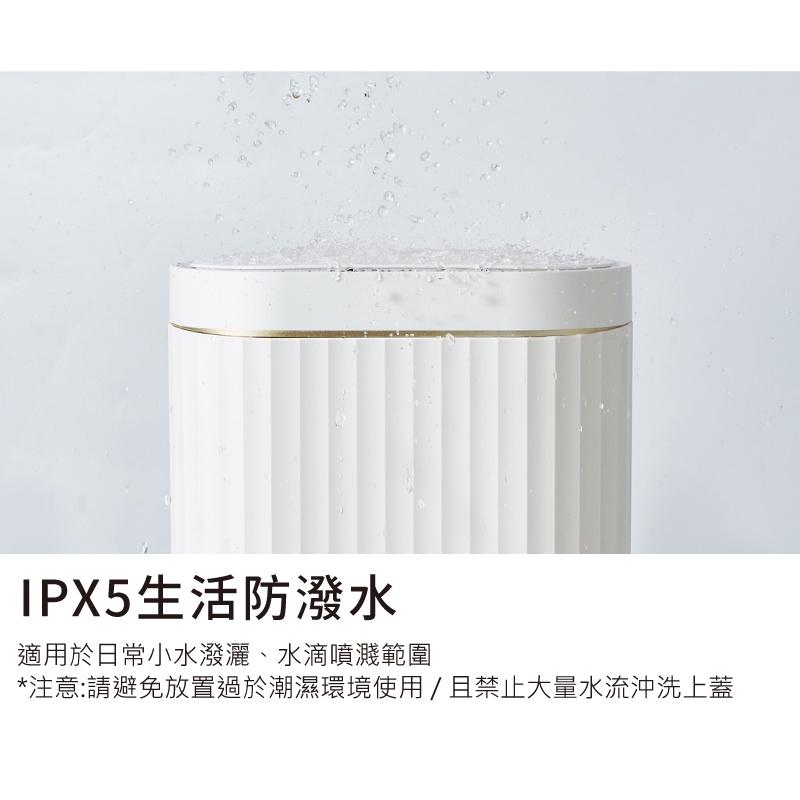 IPX5生活防潑水，適用於日常小水潑灑、水滴噴濺範圍，注意:請避免放置過於潮濕環境使用/且禁止大量水流沖洗上蓋。