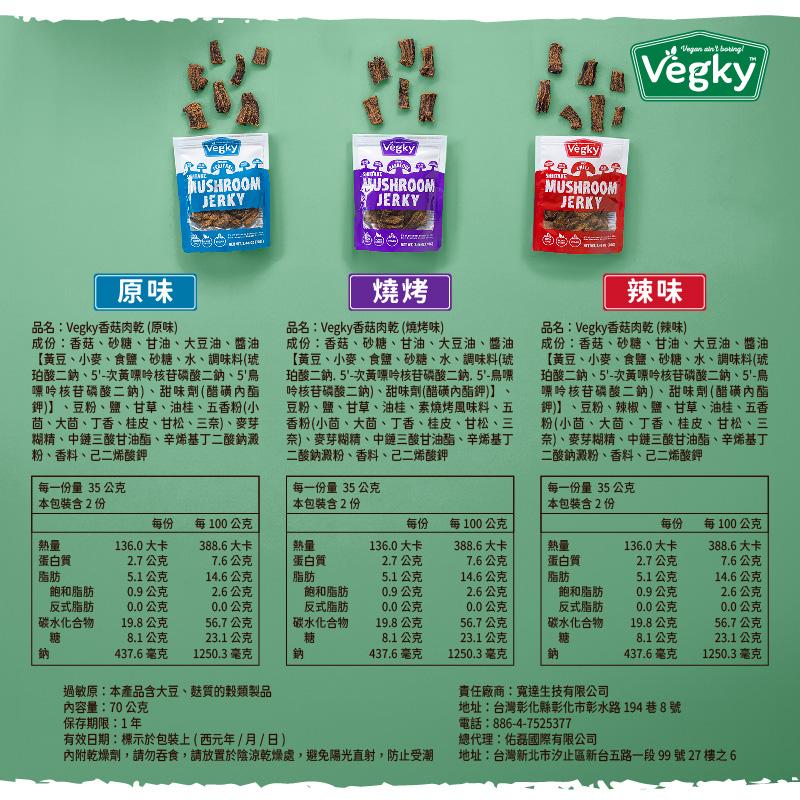品名:Vegky香菇肉乾 (原味)，成份:香菇、砂糖、甘油、大豆油、醬油，【黃豆、小麥、食鹽、砂糖、水、調味料(琥，珀酸二鈉、5'-次黃嘌呤核苷磷酸二鈉、5'鳥，嘌呤核苷磷酸二鈉)、甜味劑(醋磺內酯，鉀)]、豆粉、鹽、甘草、油桂、五香粉(小，茴、大茴