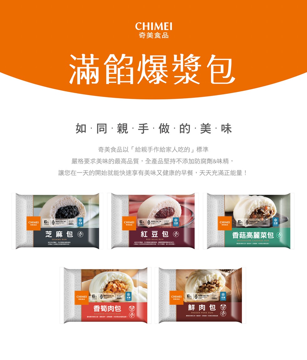 奇美食品，滿餡爆漿包，如,同,親手做.的,美,味，奇美食品以給親手作給家人吃的標準，嚴格要求美味的最高品質,全產品堅持不添加防腐劑&味精,讓您在一天的開始就能快速享有美味又健康的早餐,天天充滿正能量!芝麻包@，紅豆包@，香菇高麗菜包6，香筍肉包 图，