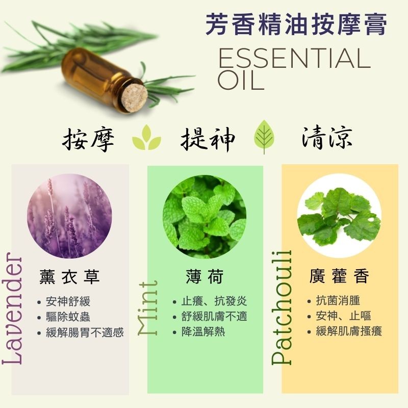 薰衣草，安神舒緩，˙驅除蚊蟲，緩解腸胃不適感，芳香精油按摩膏，止癢、抗發炎，舒緩肌膚不適，降溫解熱，廣藿香，抗菌消腫，安神、止嘔，緩解肌膚搔癢。