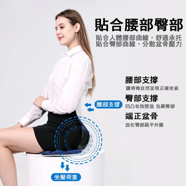 坐壓荷重，貼合腰部臀部，貼合人體腰部曲線,舒適承托，貼合臀部曲線,分散盆骨壓力，腰部支撐，讓脊椎自然呈現正確坐姿，臀部支撐，腰部支撐凹凸有致塑造 包裹臀部，端正盆骨，放在臀部扁平外擴。