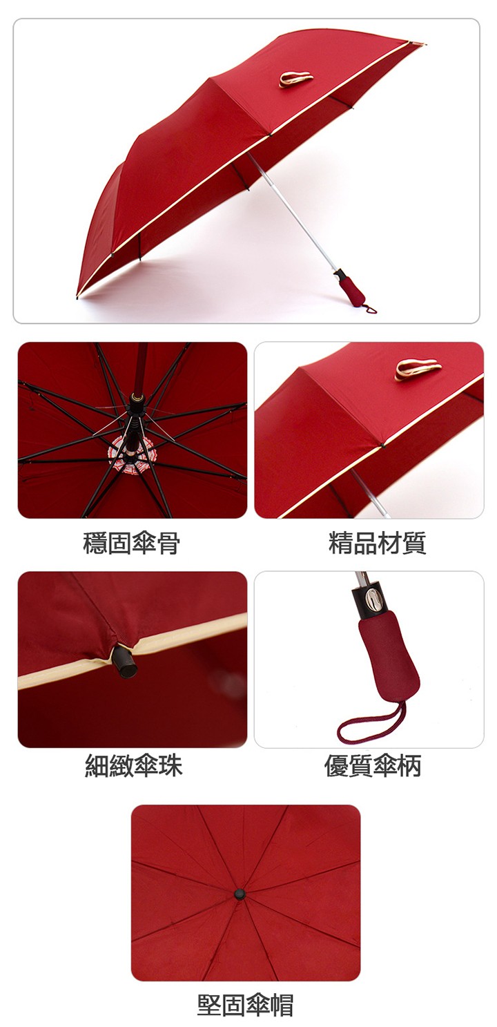 穩固傘骨，精品材質，細緻傘珠，優質傘柄，堅固傘帽。