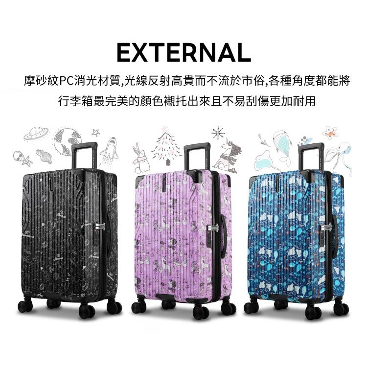 摩砂紋PC消光材質,光線反射高貴而不流於市俗,各種角度都能將，行李箱最完美的顏色襯托出來且不易刮傷更加耐用。