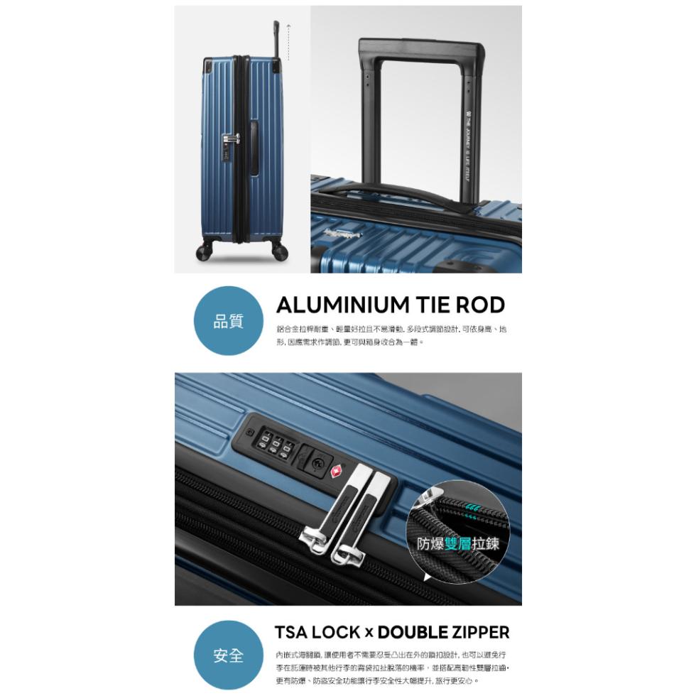 鋁合金拉桿耐理、輕量好拉且不易滑動,多段式調節設計,可依身高、地，形, 因應需求作調節,更可與錯身收合為一體。防爆雙層拉鍊，內嵌式海關鎖,讓使用者不需要忍受凸出在外的鎖扣設計,也可以避免行，李在託運時被其他行李的背袋拉扯脫落的機率,並搭配高韌性雙層拉