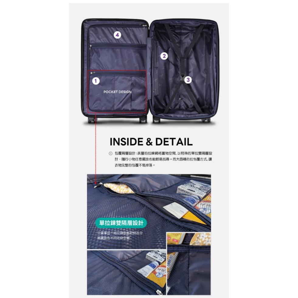 (① 包覆隔層設計:表層的拉鍊網格置物空間, 以特殊的單拉雙隔腦設，計,隨行小物任意擺放也能輕易找尋。而大面積的拉包覆方式,讓，衣物完整的包覆不易掉落。單拉鍊雙隔層設計，只要單拉一組拉練就能把物品分，禁榔放在不同收納空間:。