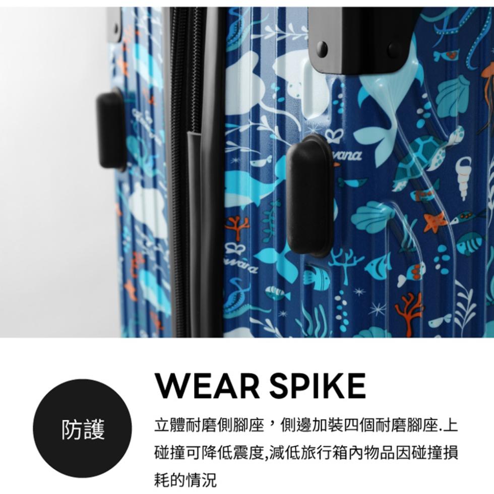 立體耐磨側腳座,側邊加裝四個耐磨腳座.上，碰撞可降低震度,減低旅行箱內物品因碰撞損，耗的情況。