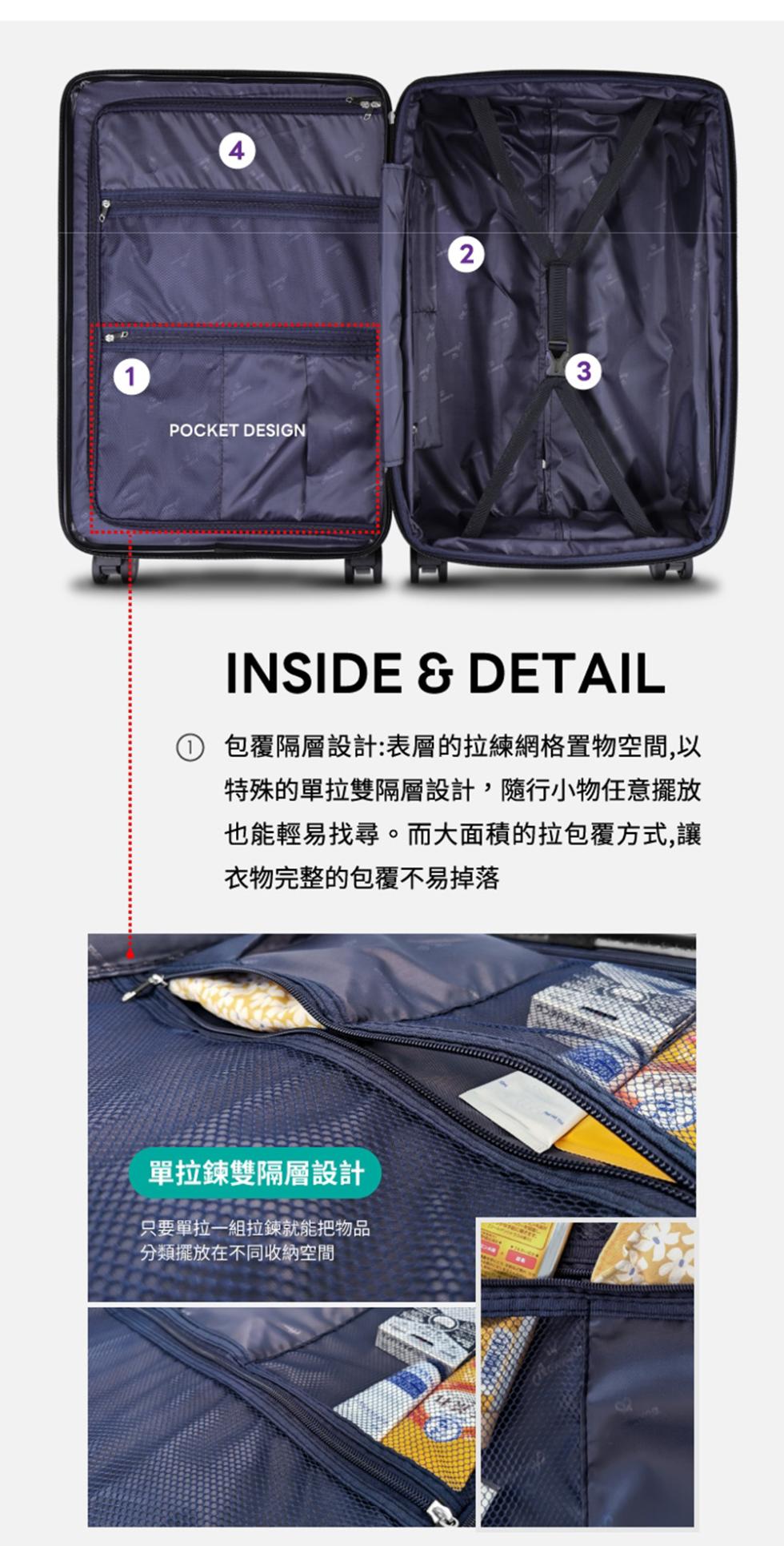 單拉鍊雙隔層設計，只要單拉一組拉鍊就能把物品，分類擺放在不同收納空間，包覆隔層設計:表層的拉練網格置物空間,以，特殊的單拉雙隔層設計,隨行小物任意擺放，也能輕易找尋。而大面積的拉包覆方式,讓，衣物完整的包覆不易掉落。