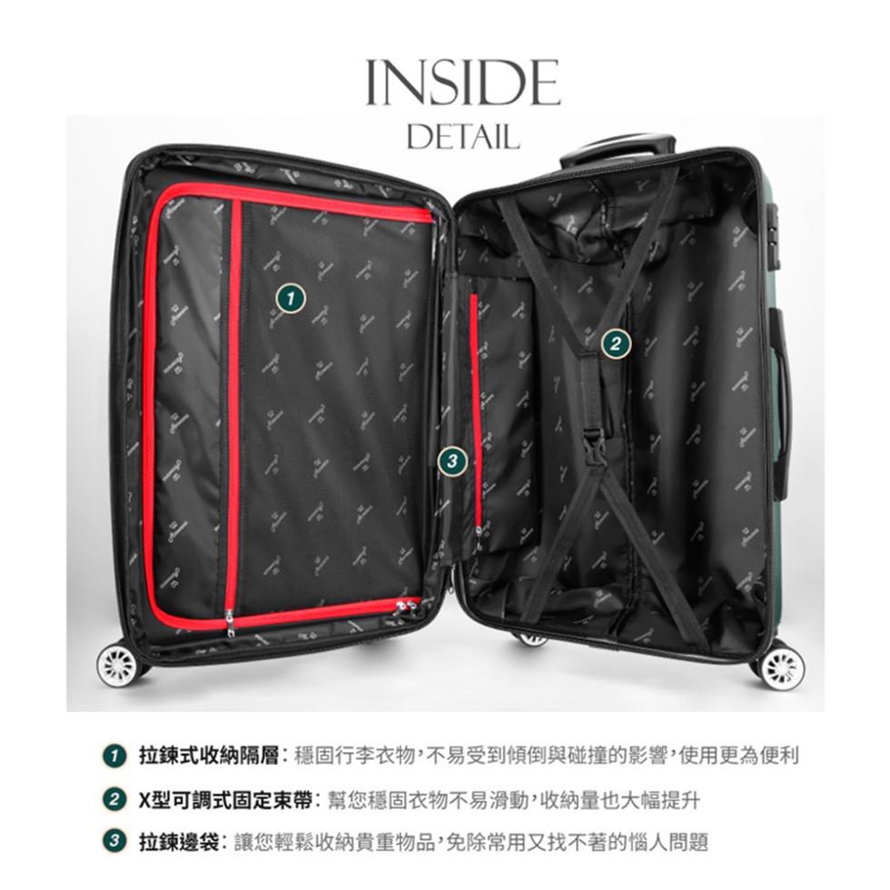 ⑦ 拉鍊式收納隔層:穩固行李衣物,不易受到傾倒與碰撞的影響,使用更為便利，② X型可調式固定束帶:幫您穩固衣物不易滑動,收納量也大幅提升，③ 拉鍊邊袋︰讓您輕鬆收納貴重物品,免除常用又找不著的惱人問題。