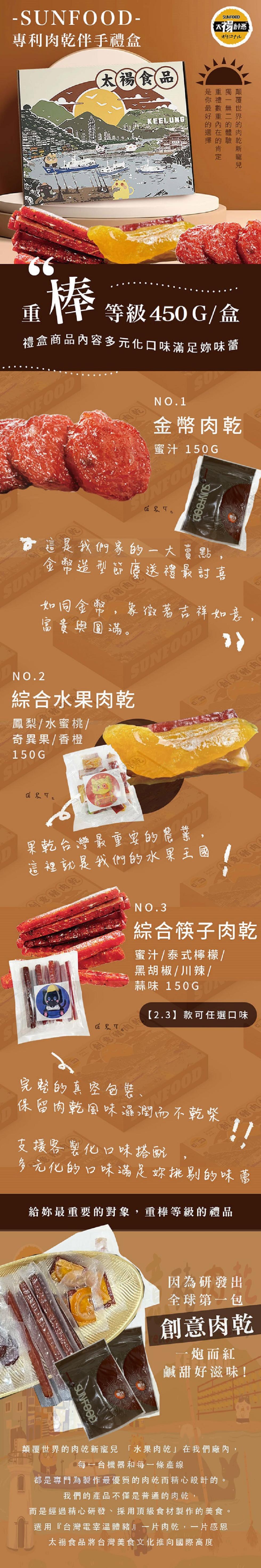 專利肉乾伴手禮盒，太陽食品，オリジナル，的內的的，是你最好的選擇，獨一無二的體驗，重禮數重内在的肯定，顛覆世界的肉乾新寵兒，擇的驗乾，等級450G/盒，禮盒商品內容多元化口味滿足妳味蕾，肉(乾)，金幣肉乾，蜜汁 150G，這是我們家的一大賣點,金幣造
