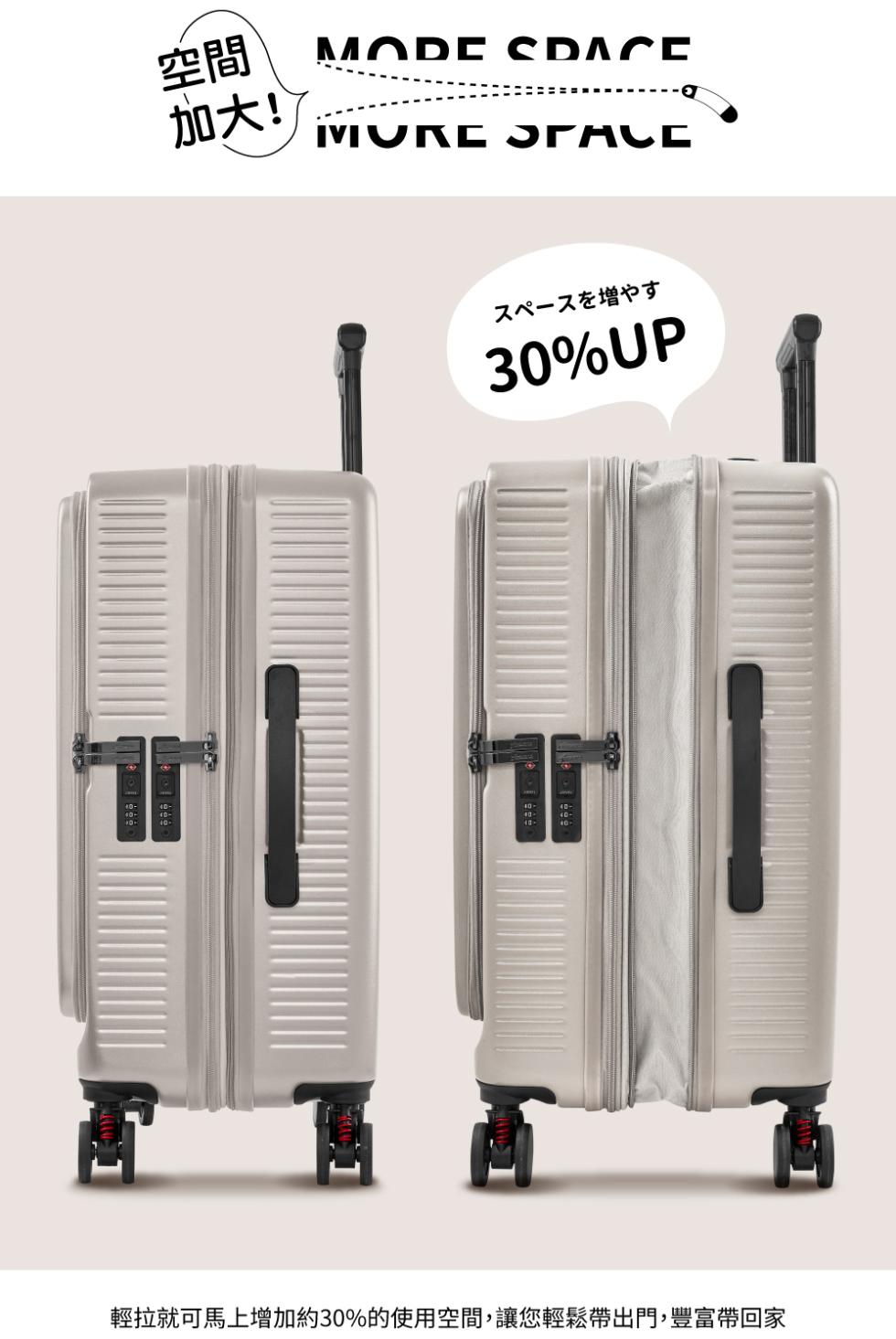 加大!スペースを増やす，輕拉就可馬上增加約30%的使用空間,讓您輕鬆帶出門,豐富帶回家。
