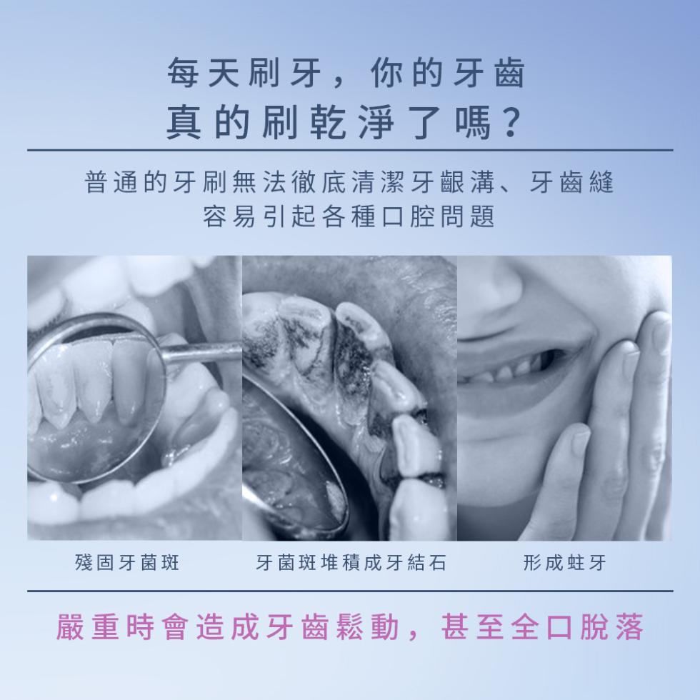 每天刷牙,你的牙齒，真的刷乾淨了嗎?普通的牙刷無法徹底清潔牙齦溝、牙齒縫，容易引起各種口腔問題，殘固牙菌斑，牙菌斑堆積成牙結石，形成蛀牙，嚴重時會造成牙齒鬆動,甚至全口脱落。