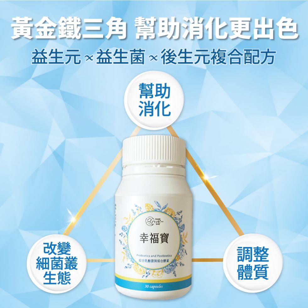 黃金鐵三角 幫助消化更出色，益生元益生菌後生元複合配方，細菌叢，幸福寶，綜合乳酸菌與綜合發業。