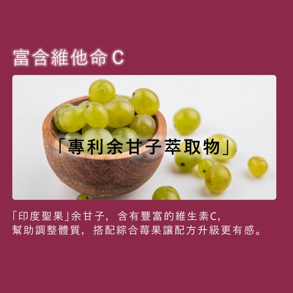 富含維他命C，專利余甘子萃取物印度聖果余甘子,含有豐富的維生素C,幫助調整體質,搭配綜合莓果讓配方升級更有感。